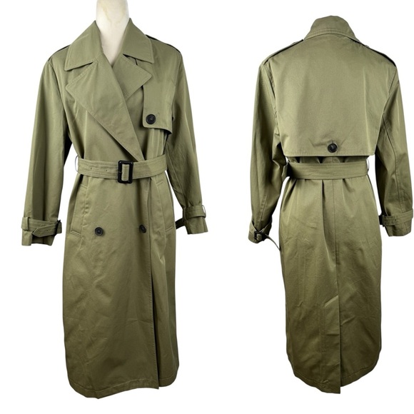 ZARA Oversized Belted Double Breasted Long Trench Coat Khaki Taupe Green  XSmall - Picture 2 of 16